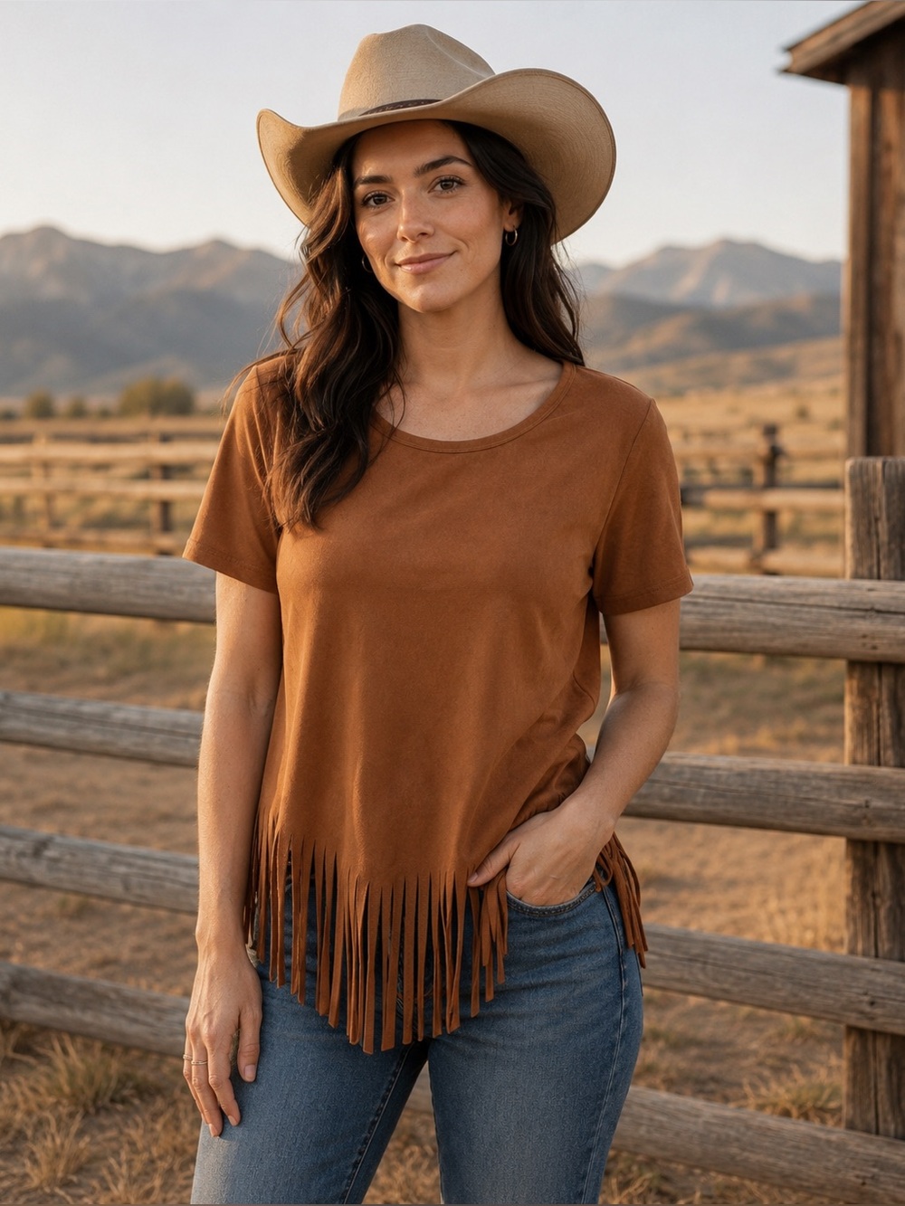 Cowgirl Hardware Faux Suede Fringe Top Tee